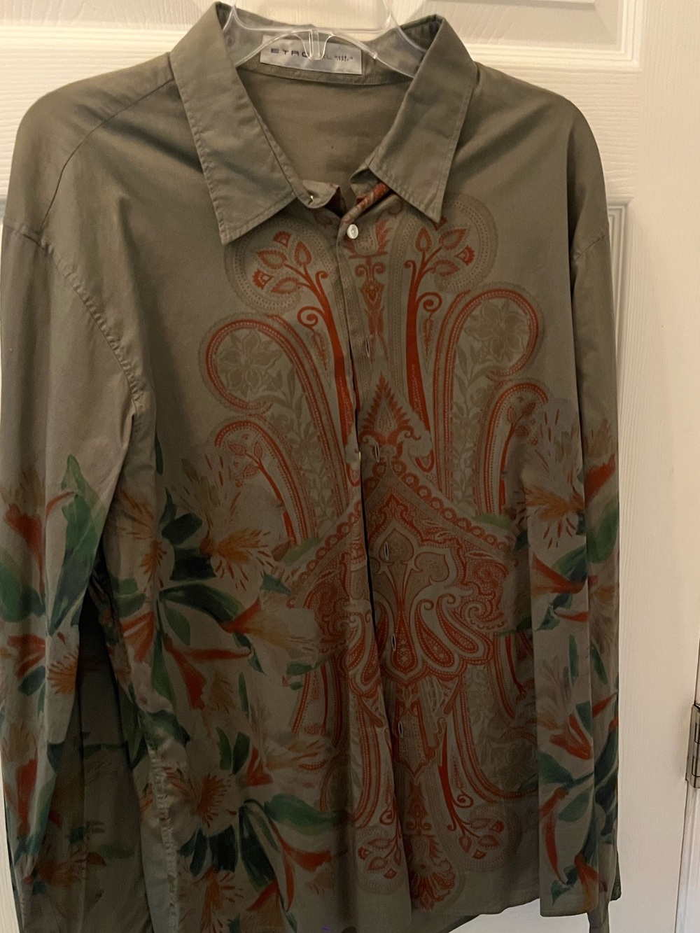 Etro Olive Green Button-Up Shirt with red Accent